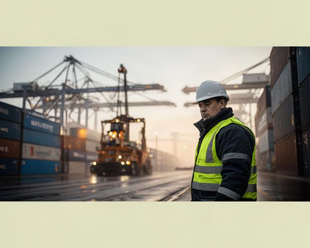 Sillamäe sadama logistik töötamas varahommikuses vahetuses konteinerite ja kraanade taustal